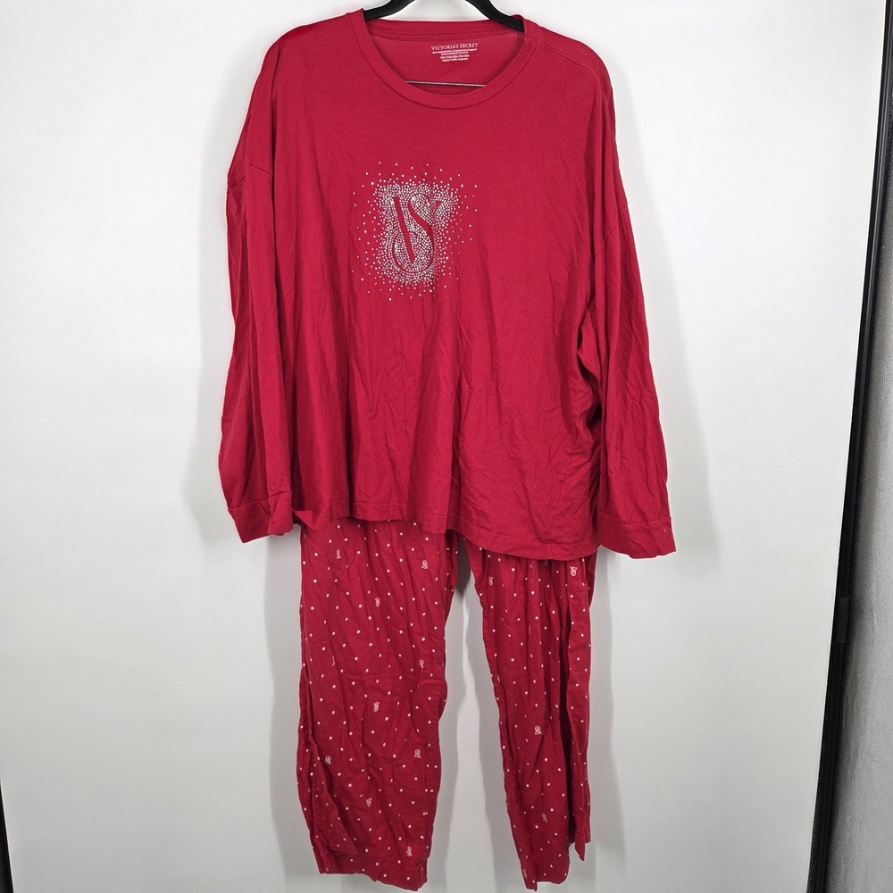 VICTORIA'S SECRET XXL Flannel Long-Sleeve Tee Pajama Set Heart Cotton Flannel